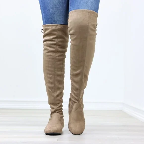 Taupe Thigh High Over The Knee Flat Boots Faux Suede - Picture 11 of 15